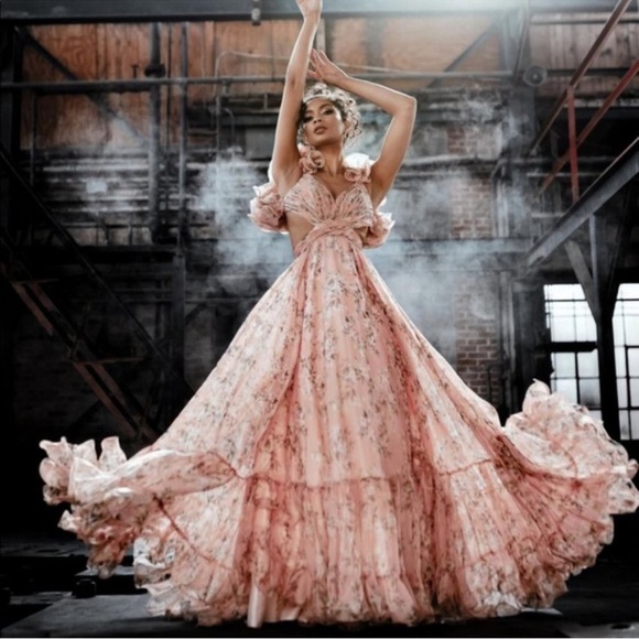 Mac Duggal Pink Floral Ruffle Chiffon Maxi Dress - Picture 1 of 12